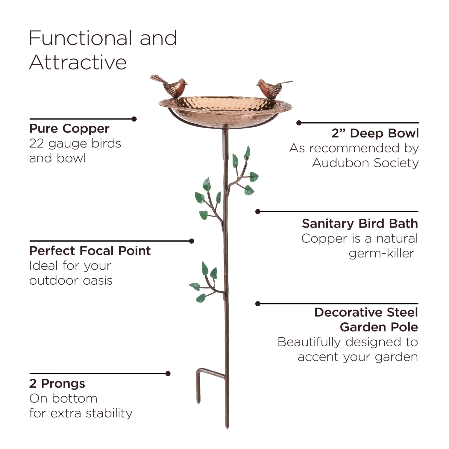Pure Copper Bird Bath With Two Copper Birds And Tree Multipronged Garden Pole 7 Pure Copper Bird Bath With Two Copper Birds And Tree Multipronged Garden Pole - Image 7